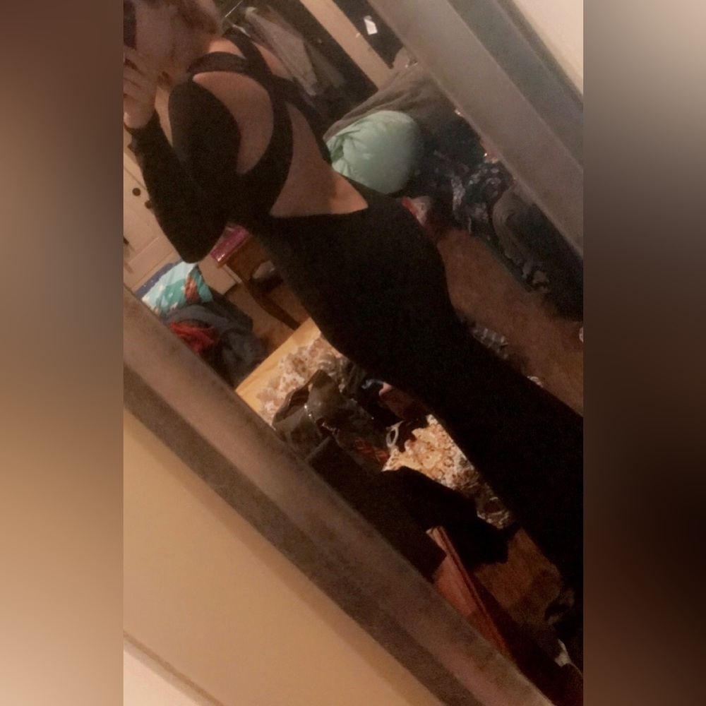 Long black cross back evening dress. Super stretchy.